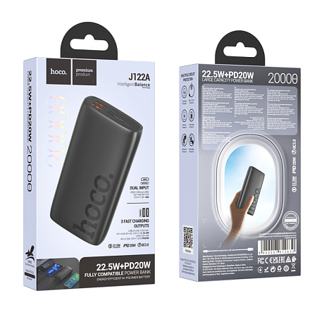 Универсальный Доп. Аккумулятор 20000mAh, J122A, HOCO, выход: 2 USB (22.5W)+1 PD (20W), черный
