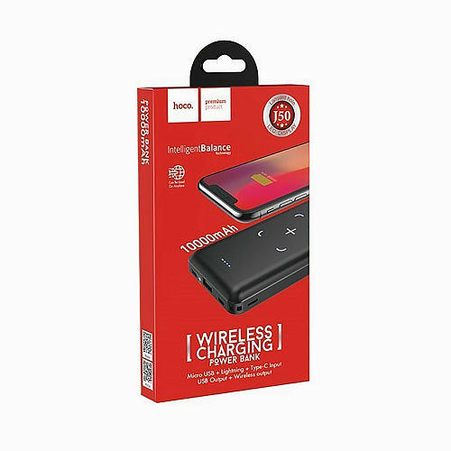 Универсальный Доп. Аккумулятор 10000mAh, J50, HOCO, c беспроводной зарядкой черный