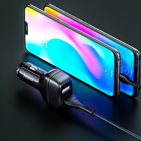 Автомобильное зарядное устройство, 2 USB 2.4A (Z36), usb cable Type-C, HOCO, черный