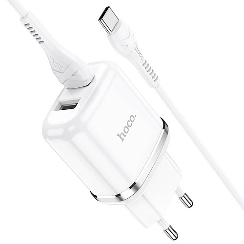 Сетевое зарядное устройство, 2 USB 2.4A 12W (N4), HOCO, Type-C, Умная зарядка, белый