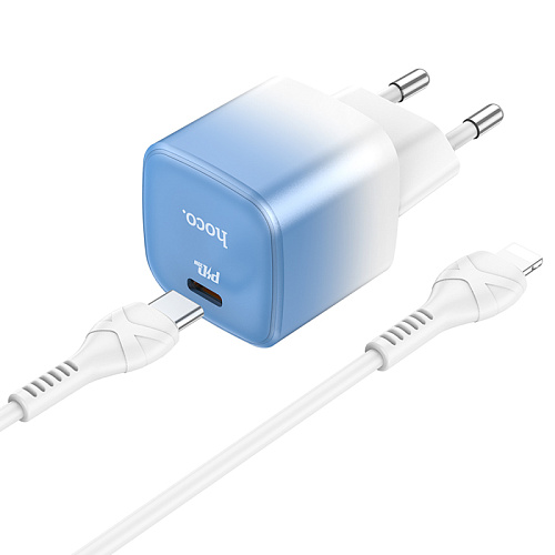 Сетевое зарядное устройство, 1 PD 20W + 1 USB 3.0 QC (C101A), HOCO, Type-C to Lightning, голубой с белым