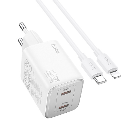 Сетевое зарядное устройство, 2 PD 45W (N42), HOCO, Type-C to Lightning, белый