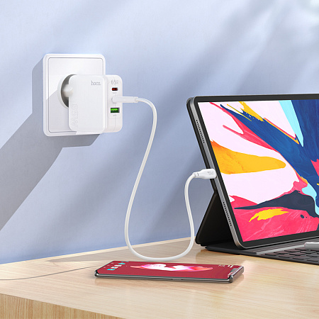 Сетевое зарядное устройство, 2 PD 65W + 1 USB 18W (C115A), HOCO, белый