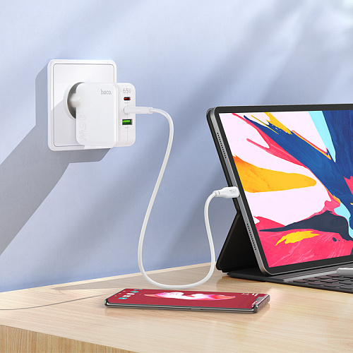 Сетевое зарядное устройство, 2 PD 65W + 1 USB 18W (C115A), HOCO, белый