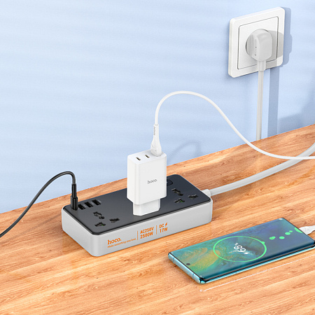 Сетевой фильтр на 3 розетки, 3 USB,  1 PD, 1.5м, AC7A, HOCO, черный