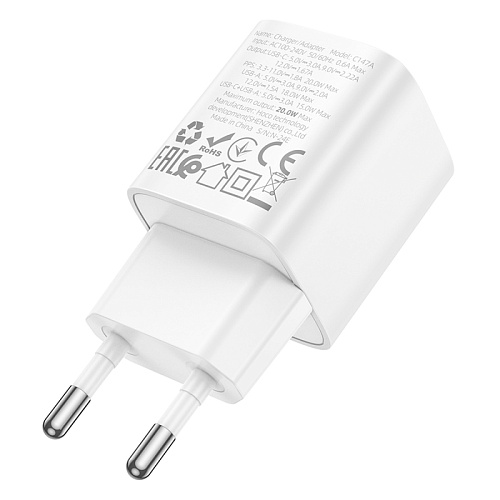 Сетевое зарядное устройство, 1 PD 20W + 1 USB 3.0 QC (C147A), HOCO, мини, белый