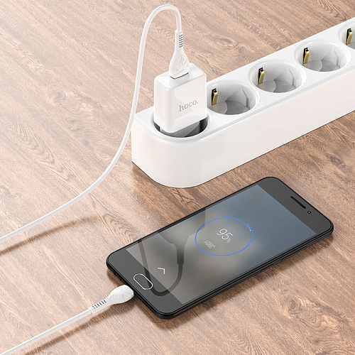 Сетевое зарядное устройство, 1 USB 2.1A (N9), HOCO, Micro, Fast Charge, Безопасный сертификат, белый