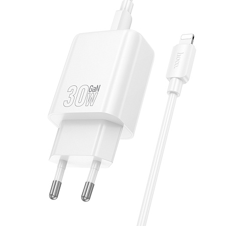 Сетевое зарядное устройство, 1 USB 3.0 QC+1 PD 30W (N63), HOCO, Type-C to Lightning, белый