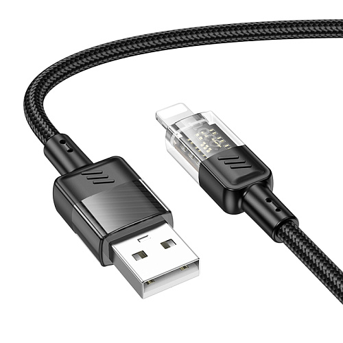 USB дата кабель Lightning, HOCO, U129, 1.2м, черный с прозрачным