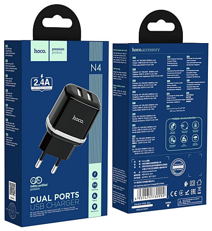 Сетевое зарядное устройство, 2 USB 2.4A 12W (N4), HOCO, Lightning, Умная зарядка, черный