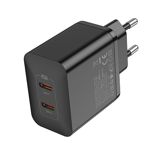 Сетевое зарядное устройство, 2 PD 45W (N35), HOCO, черный