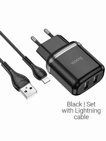 Сетевое зарядное устройство, 2 USB 2.4A 12W (N4), HOCO, Lightning, Умная зарядка, черный