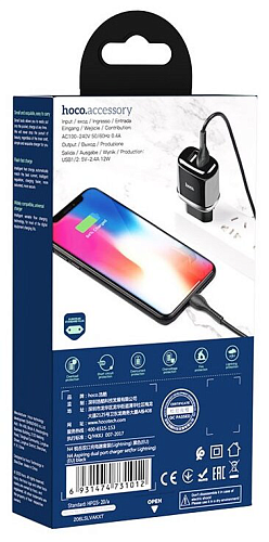 Сетевое зарядное устройство, 2 USB 2.4A 12W (N4), HOCO, Lightning, Умная зарядка, черный