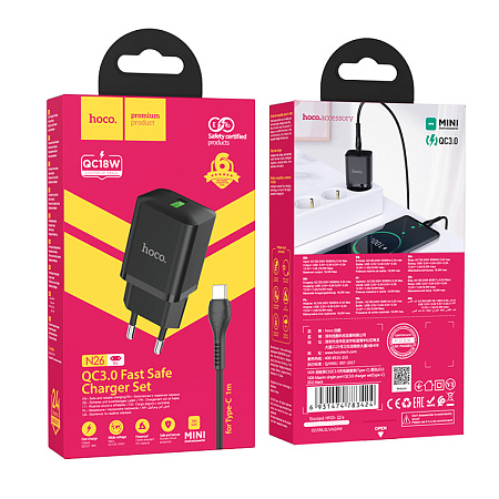 Сетевое зарядное устройство, 1 USB 3.0 QC (N26), HOCO, Type-C, черный