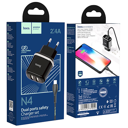 Сетевое зарядное устройство, 2 USB 2.4A 12W (N4), HOCO, Lightning, Умная зарядка, черный