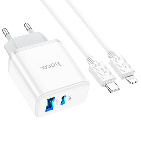 Сетевое зарядное устройство, 1 PD 20W + 1 USB 3.0 QC (C105A), HOCO, Type-C to Lightning, белый