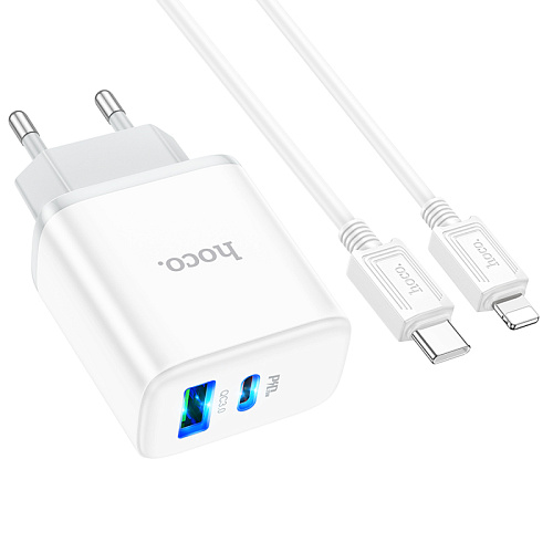Сетевое зарядное устройство, 1 PD 20W + 1 USB 3.0 QC (C105A), HOCO, Type-C to Lightning, белый