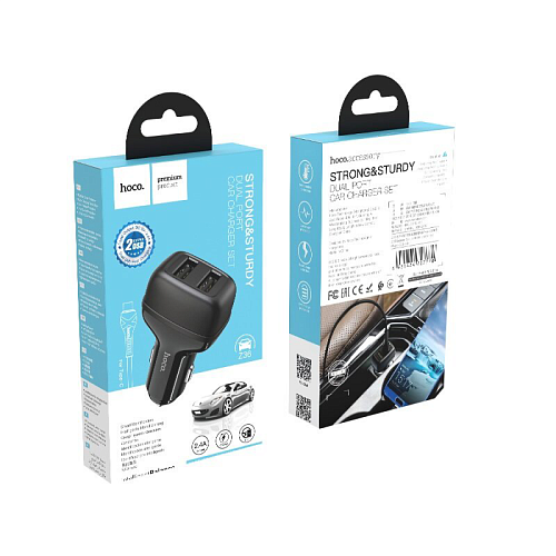 Автомобильное зарядное устройство, 2 USB 2.4A (Z36), usb cable Type-C, HOCO, черный