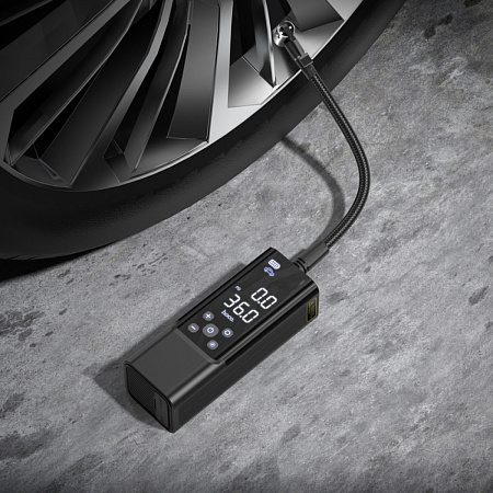 Автомобильный насос ZP7, HOCO, с аккумулятором (5000mAh, 2 колеса 205/55/R16 0-2.5Bar) и дисплеем, черный