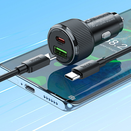 Автомобильное зарядное устройство, 1 USB QC3.0 18W, 1 PD 20W (NZ14A), HOCO, кабель Type-С to Type-С, черный