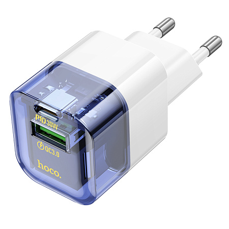 Сетевое зарядное устройство, 1 PD 30W + 1 USB 3.0 QC (C131A), HOCO, прозрачный с синим