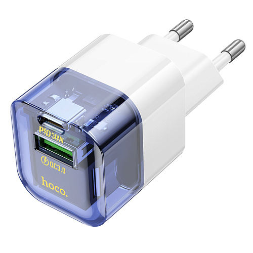 Сетевое зарядное устройство, 1 PD 30W + 1 USB 3.0 QC (C131A), HOCO, прозрачный с синим