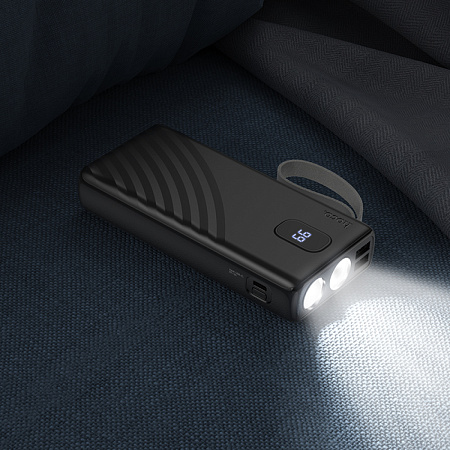 Универсальный Доп. Аккумулятор 20000mAh, J129A, HOCO, выход: 2 USB (5V/2A), фонарик, черный