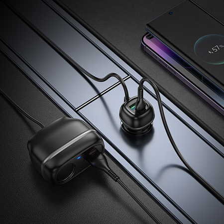 Разветвитель прикуривателя на 2 USB QC3.0 18W + 2 PD 30W + 1 прикуриватель на проводе Z59A, черный