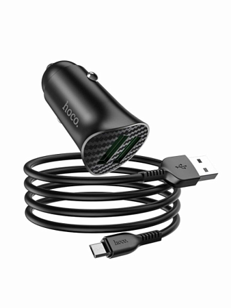 Автомобильное зарядное устройство, 2 USB 3.0 QC (Z39), 18W, HOCO, кабель Micro, черный