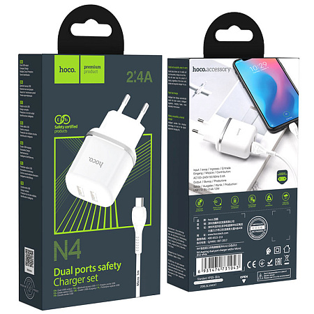 Сетевое зарядное устройство, 2 USB 2.4A 12W (N4), HOCO, Micro, Умная зарядка, белый