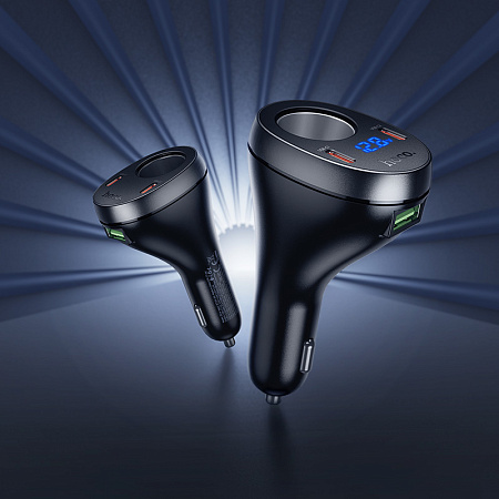 Разветвитель прикуривателя на 2 PD 60W +1 USB +1 прикуриватель, Z61A, с дисплеем, черный