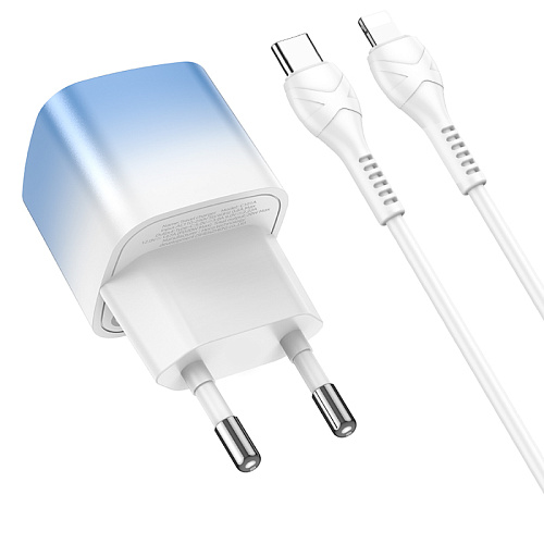 Сетевое зарядное устройство, 1 PD 20W + 1 USB 3.0 QC (C101A), HOCO, Type-C to Lightning, голубой с белым