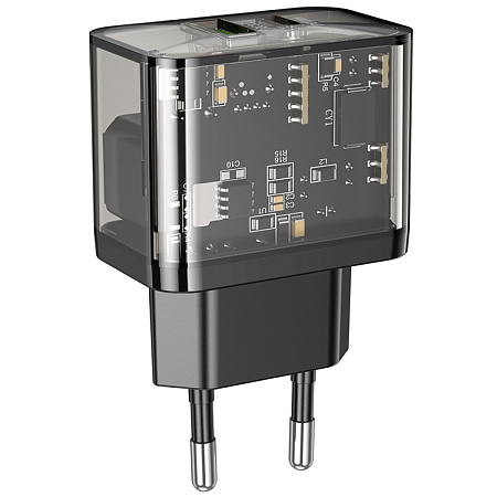 Сетевое зарядное устройство, 1 PD 20W + 1 USB 3.0 QC (N34), HOCO, прозрачный черный