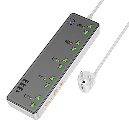 Сетевой фильтр на 5 розеток+3 USB+1 PD, 1.5м, AC13A, HOCO, черный