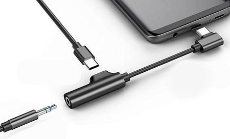 Переходник Type-C на 3,5mm Jack+зарядка Type-C, угловой со шнуром, поддерживает не все samsung, черный