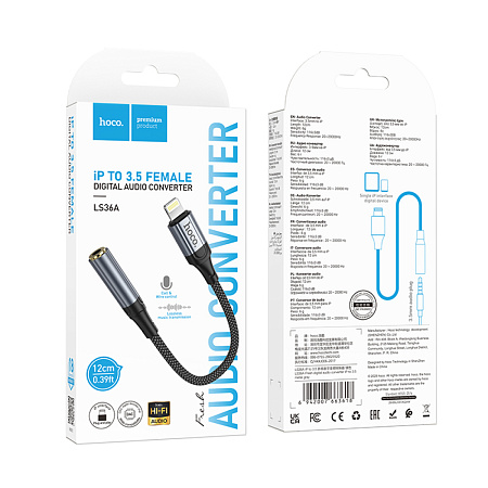 Переходник с Lightning на Jack, LS36A, HOCO, микрофон поддерживает управление , серый