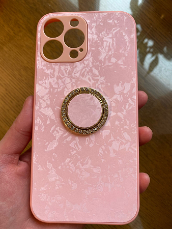 Чехол силиконовый для iPhone 13 Pro Max (6.7), с подставкой кольцом на палец со стразами, X-CASE, розовый