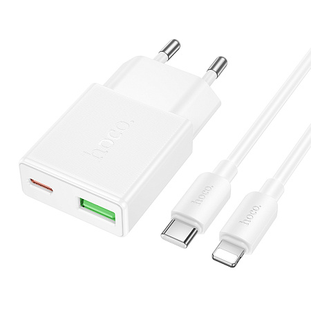 Сетевое зарядное устройство, 1 PD 20W + 1 USB 3.0 QC (N73), HOCO, Type-C to Lightning, белый