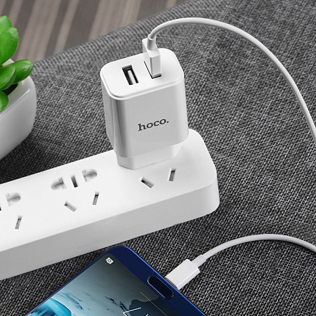 Сетевое зарядное устройство, 2 USB 2.1A (C62A), HOCO, Type-C, Умная зарядка, белый