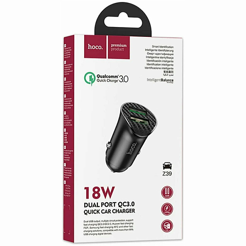 Автомобильное зарядное устройство, 2 USB 3.0 QC (Z39), 18W, HOCO, черный