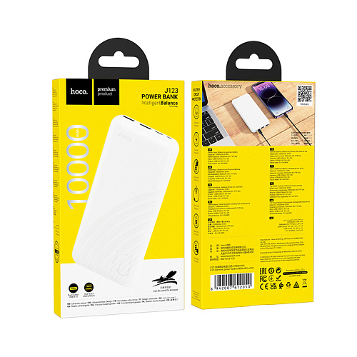 Универсальный Доп. Аккумулятор 10000mAh, J123, HOCO, выход: 2 USB: 5V/2, белый