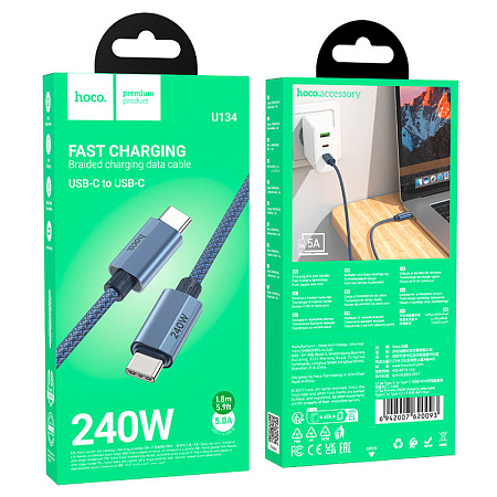 Кабель Type-C на Type-C, HOCO, U134, 240W, 1.8м, темно-синий