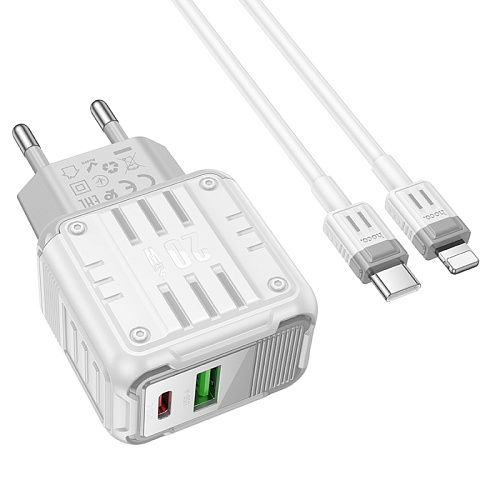 Сетевое зарядное устройство, 1 PD 20W + 1 USB 3.0 QC (C135A), HOCO, Type-C to Lightning, белый
