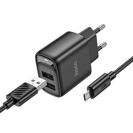 Сетевое зарядное устройство, 2 USB 2.1A (C141A), HOCO, Micro, черный