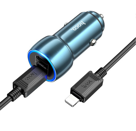 Автомобильное зарядное устройство, 2 PD 40W (Z48), HOCO, кабель Type-C to Lightning, синий