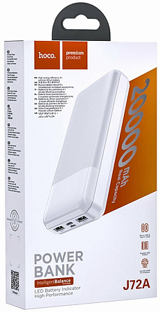 Универсальный Доп. Аккумулятор 20000mAh, J72A, HOCO, 2 USB (5V/2.0A), белый