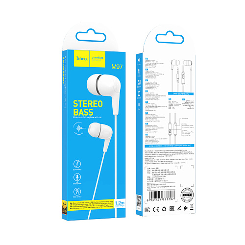 Проводные наушники M97, Enjoy universal earphones, HOCO, вакуумные, белые