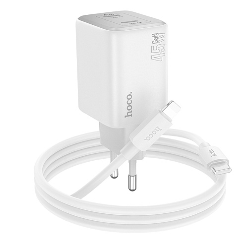 Сетевое зарядное устройство, 2 PD 45W (N42), HOCO, Type-C to Lightning, белый