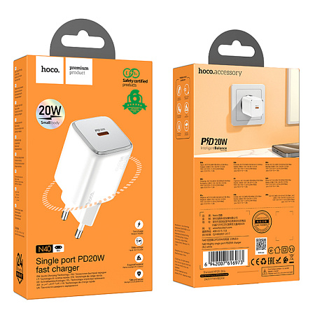 Сетевое зарядное устройство, 1 PD 20W (N40), HOCO, белый