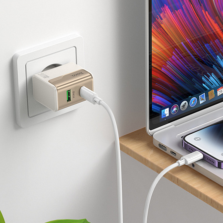 Сетевое зарядное устройство, 1 PD 30W + 1 USB 3.0 QC (CS73A), HOCO, Type-C to Lightning, белый